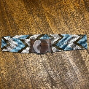 Blue and White Beaded Belt with Wooden Buckle